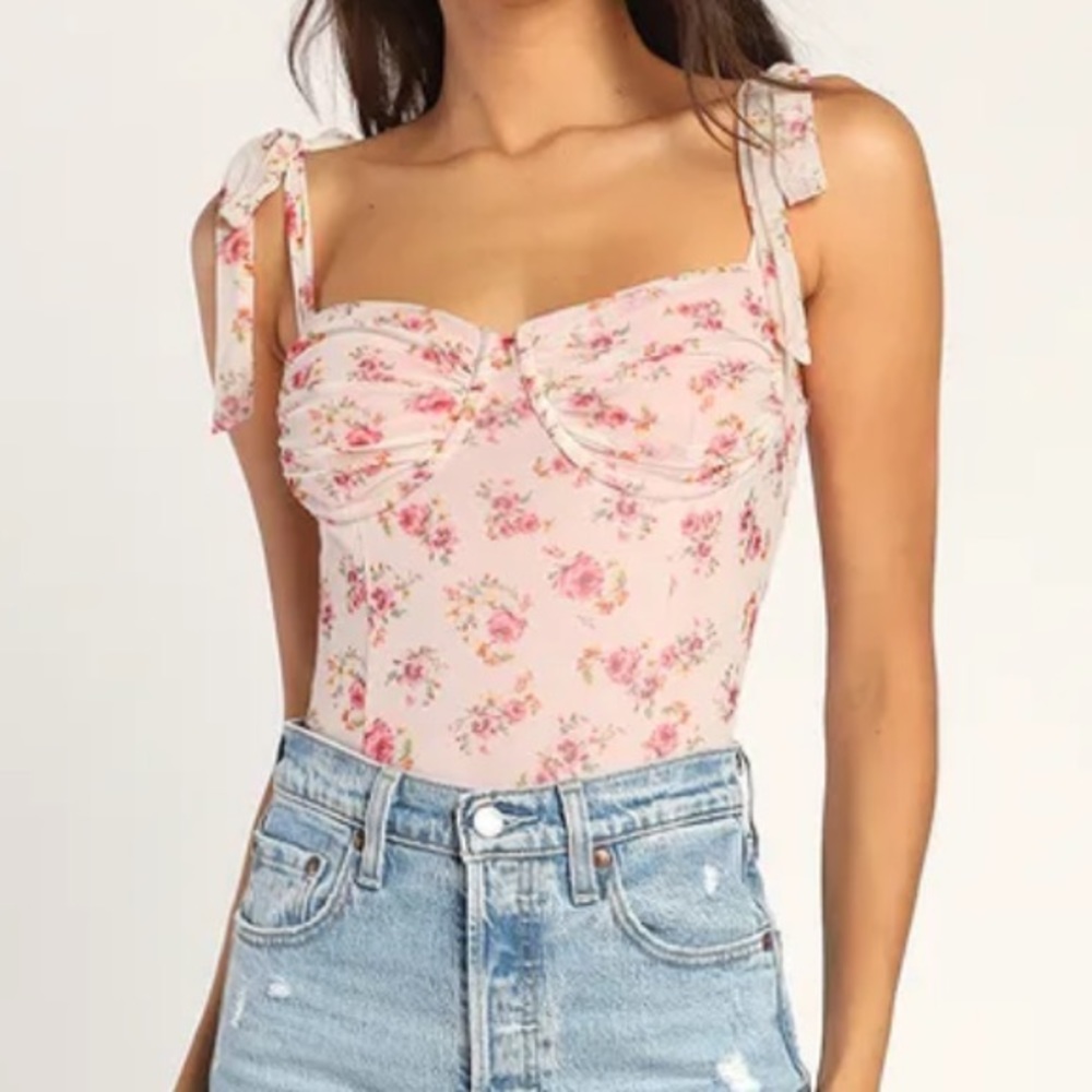 Pink Floral Tie-Strap Bustier Mesh Bodysuit